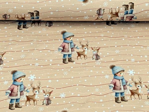 Eigenproduktion Baumwolljersey Winter Kind mit Rehkitzen auf Braunbeige
